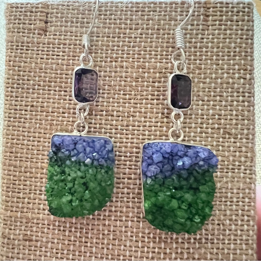New Druzy Stone Crystal Purple & Green Dangle Silver Hook Earrings